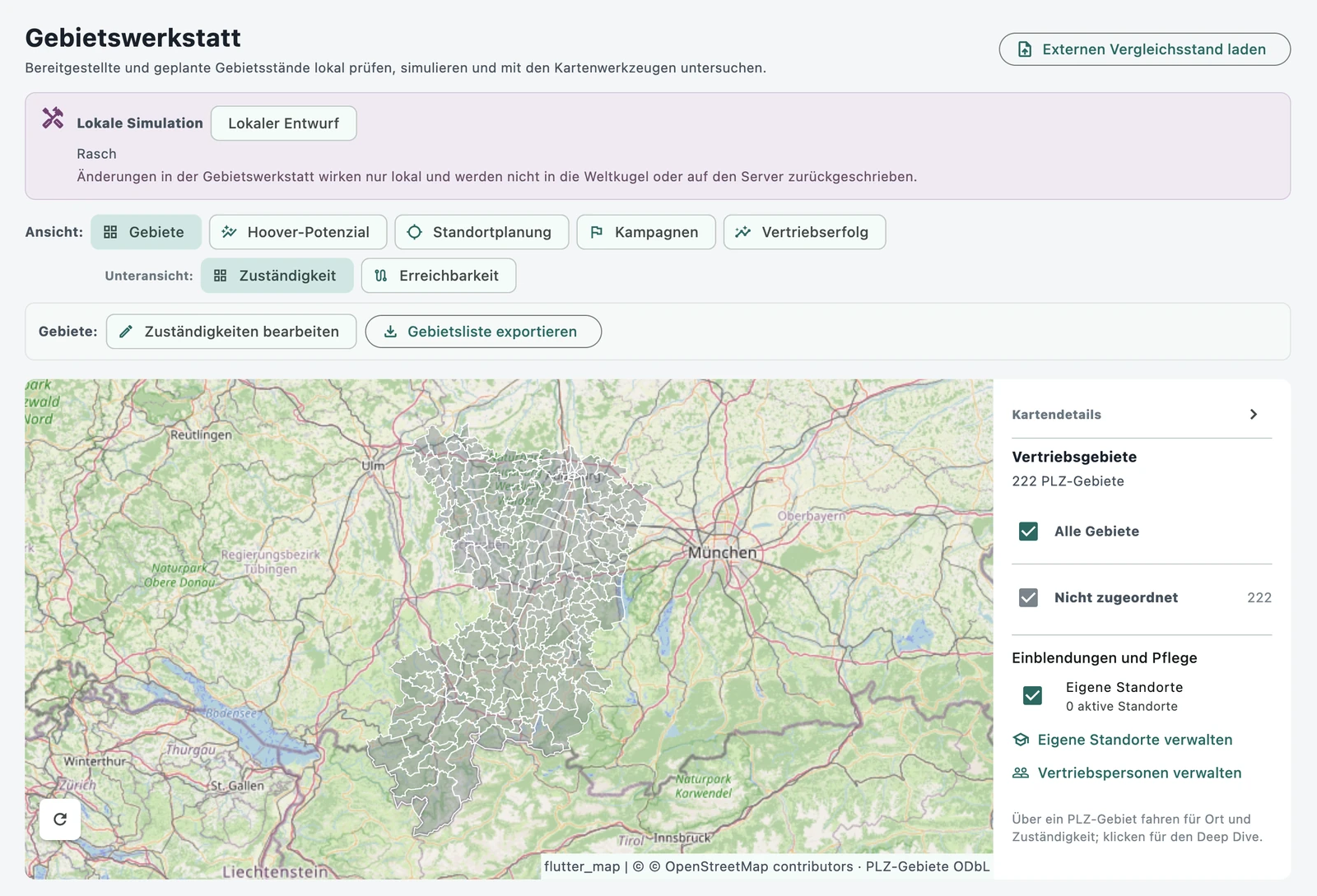 LeadPilot Gebietswerkstatt mit einer lokalen Simulation auf einer Karte