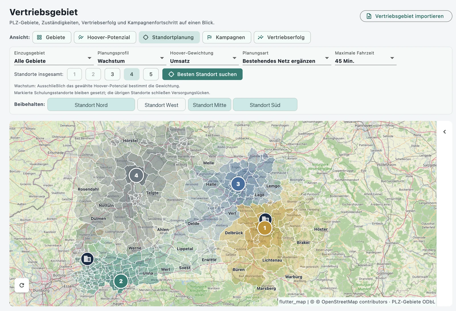 LeadPilot Standortplanung mit vier farblich getrennten und neutral benannten Planungsgebieten